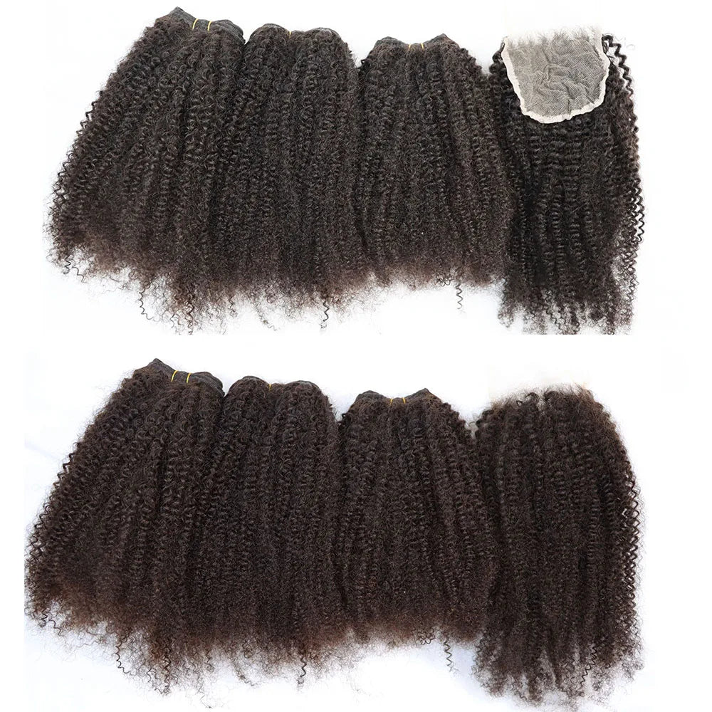Afro Kinky Curly Virgin Human Hair Bundles with Frontal Natural Color Curly Brazilian Hair Weft with Lace Closure Full Head