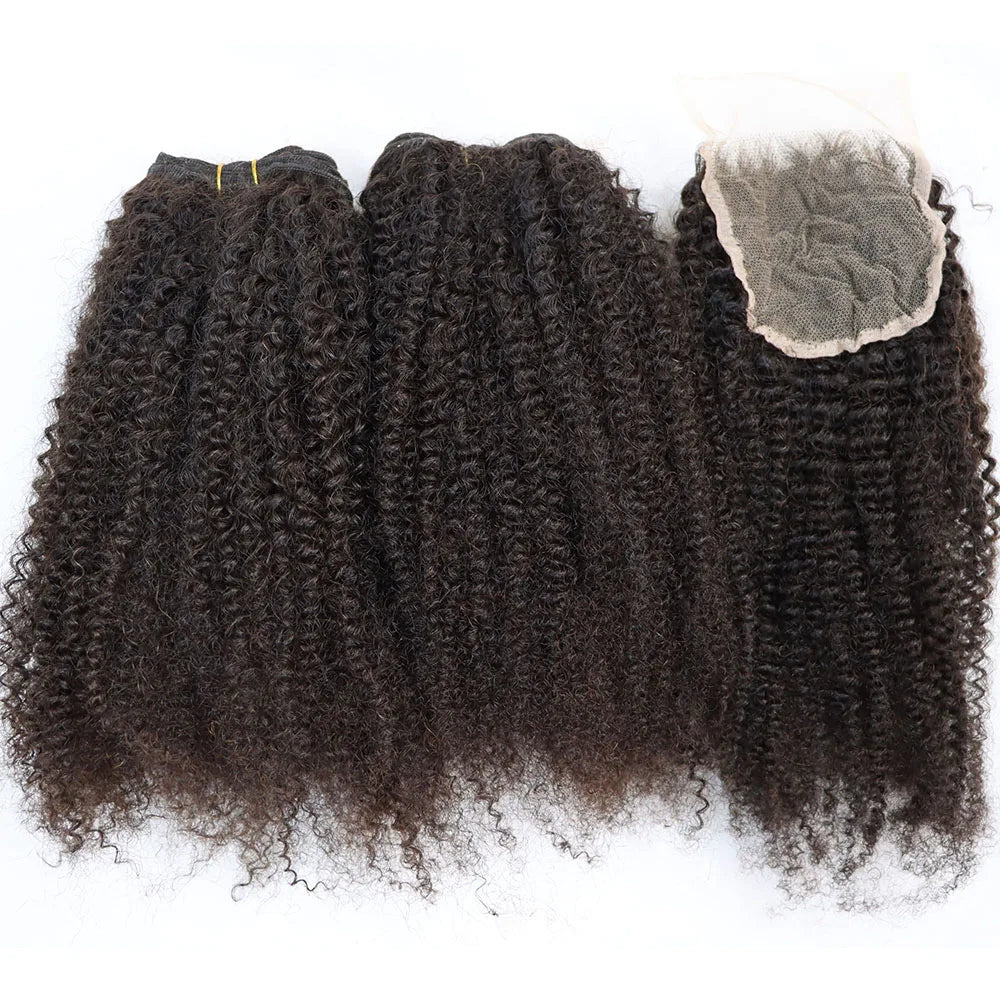 Afro Kinky Curly Virgin Human Hair Bundles with Frontal Natural Color Curly Brazilian Hair Weft with Lace Closure Full Head
