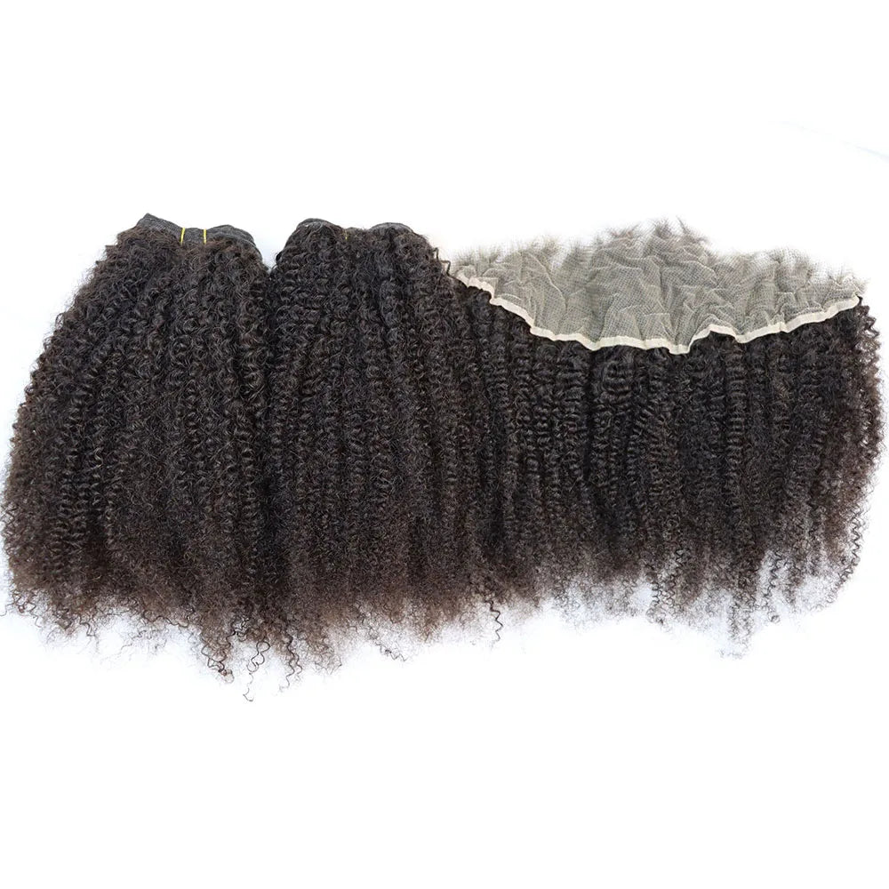 Afro Kinky Curly Virgin Human Hair Bundles with Frontal Natural Color Curly Brazilian Hair Weft with Lace Closure Full Head
