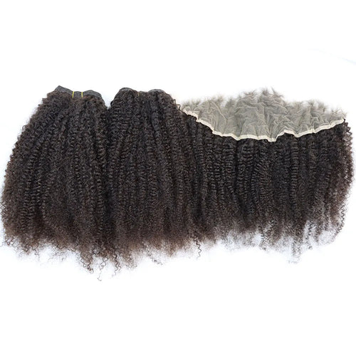 Afro Kinky Curly Virgin Human Hair Bundles with Frontal Natural Color Curly Brazilian Hair Weft with Lace Closure Full Head
